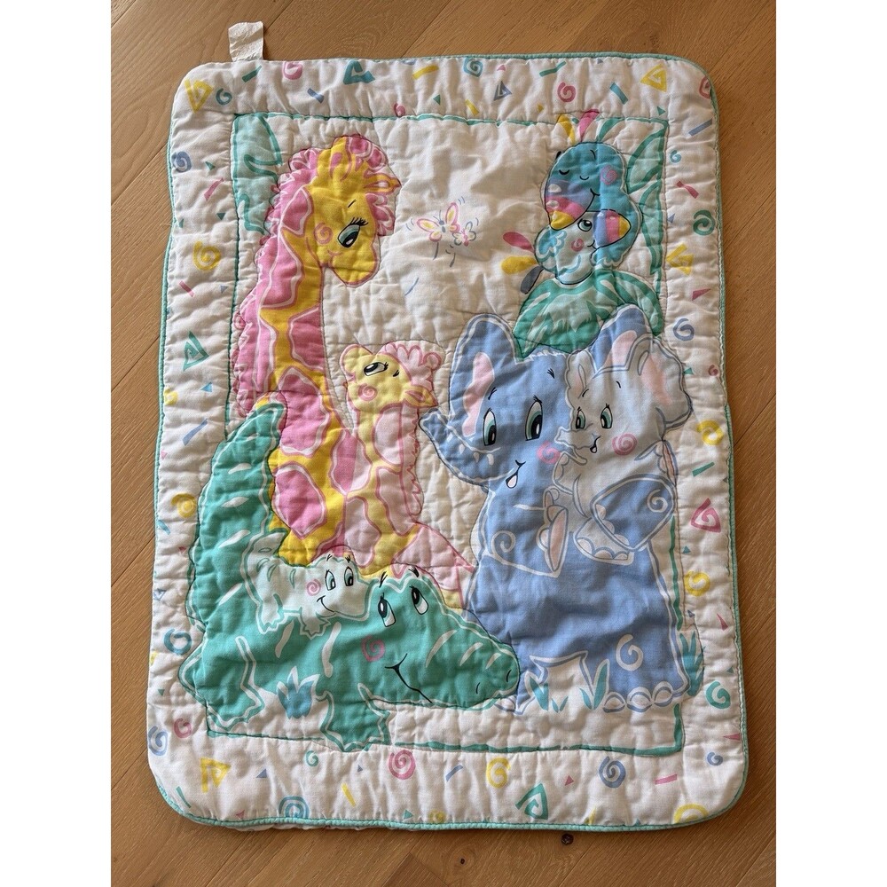 Vtg Gerber Baby Crib Quilted Comforter Pastel Mom & Baby Zoo Animals USA HTF